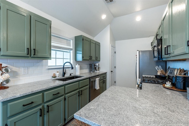 1113 S Spinnaker Dr, Oologah, OK 74053 - kitchen with green cabinets, dishwasher, backsplash, a peninsula, and lofted ceiling
