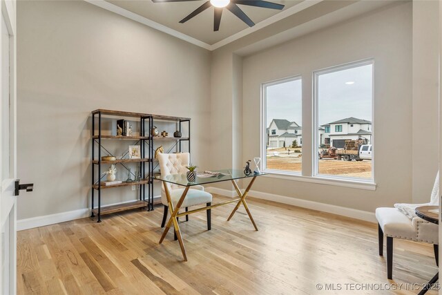 4708 S Sequoia Ave, Broken Arrow, OK 74011 - office area with ornamental molding, wood finished floors, and a ceiling fan