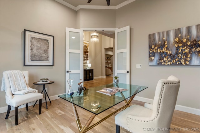 4708 S Sequoia Ave, Broken Arrow, OK 74011 - office area with wood finished floors, ceiling fan, and crown molding
