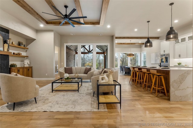 4708 S Sequoia Ave, Broken Arrow, OK 74011 - living area with recessed lighting, light wood finished floors, a ceiling fan, and beam ceiling