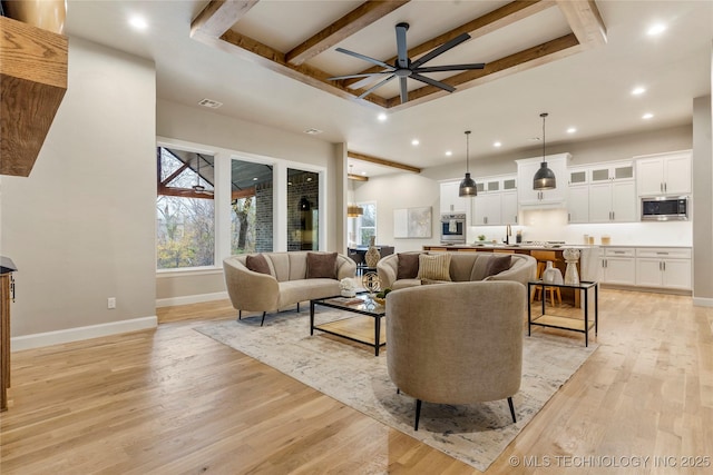 4708 S Sequoia Ave, Broken Arrow, OK 74011 - living room featuring recessed lighting, ceiling fan, coffered ceiling, light wood-style flooring, and beamed ceiling