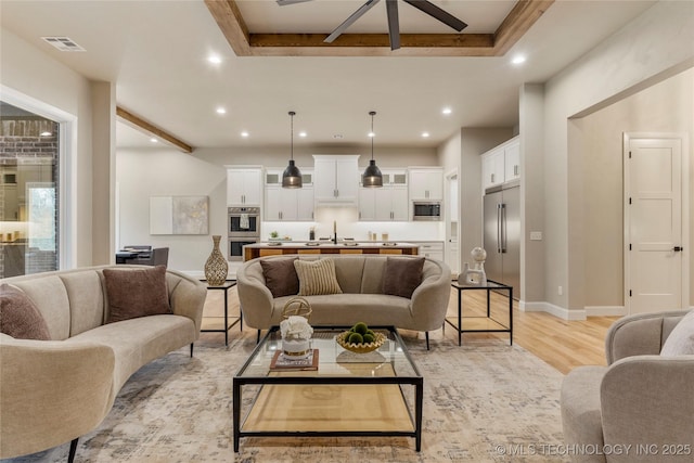 4708 S Sequoia Ave, Broken Arrow, OK 74011 - living room with recessed lighting, light wood finished floors, and ceiling fan