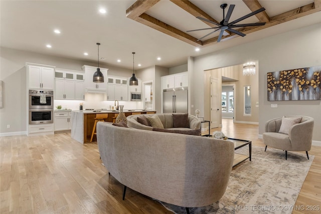 4708 S Sequoia Ave, Broken Arrow, OK 74011 - living area featuring ceiling fan, light wood finished floors, recessed lighting, coffered ceiling, and beamed ceiling
