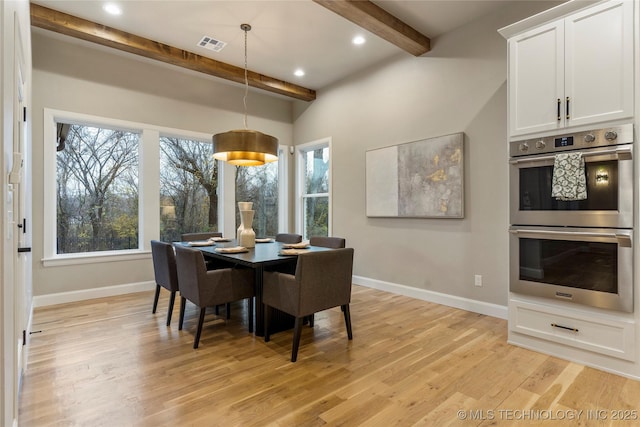 4708 S Sequoia Ave, Broken Arrow, OK 74011 - dining room featuring beam ceiling, light wood-style floors, and recessed lighting