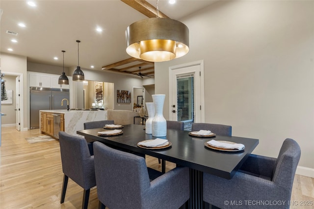4708 S Sequoia Ave, Broken Arrow, OK 74011 - dining area with light wood finished floors, recessed lighting, ceiling fan, and beamed ceiling