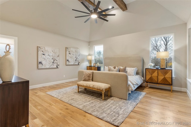 4708 S Sequoia Ave, Broken Arrow, OK 74011 - bedroom with high vaulted ceiling, light wood finished floors, beamed ceiling, and a ceiling fan