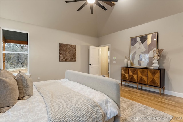 4708 S Sequoia Ave, Broken Arrow, OK 74011 - bedroom featuring light wood finished floors, lofted ceiling, and a ceiling fan