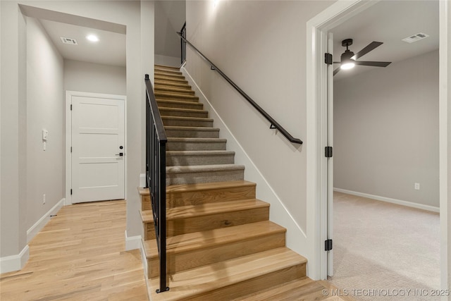 4708 S Sequoia Ave, Broken Arrow, OK 74011 - staircase with a ceiling fan, wood finished floors, and recessed lighting