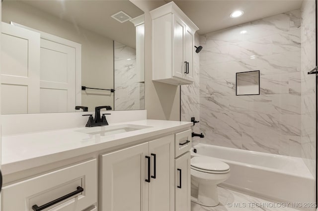 4708 S Sequoia Ave, Broken Arrow, OK 74011 - full bathroom with vanity, marble look tiles, bathing tub / shower combination, and recessed lighting