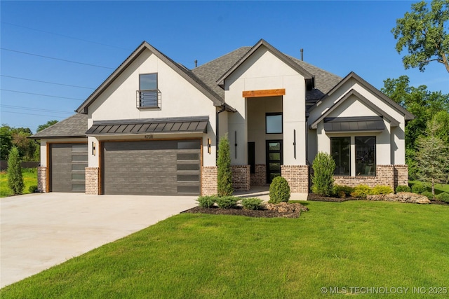 4708 S Sequoia Ave, Broken Arrow, OK 74011 - view of front of house featuring brick siding, stucco siding, a front yard, driveway, and a standing seam roof