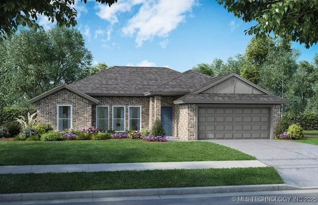 1417 E 149th Pl S, Glenpool, OK 74008 - view of front of property featuring an attached garage, a front yard, brick siding, concrete driveway, and a shingled roof