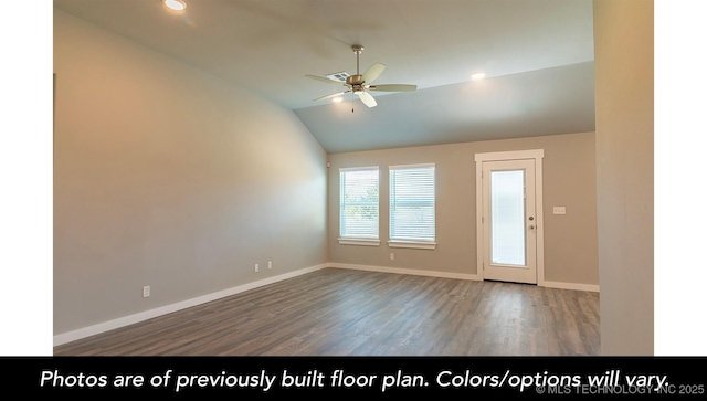1441 E 149th Pl S, Glenpool, OK 74033 - unfurnished room with ceiling fan, wood finished floors, lofted ceiling, and recessed lighting