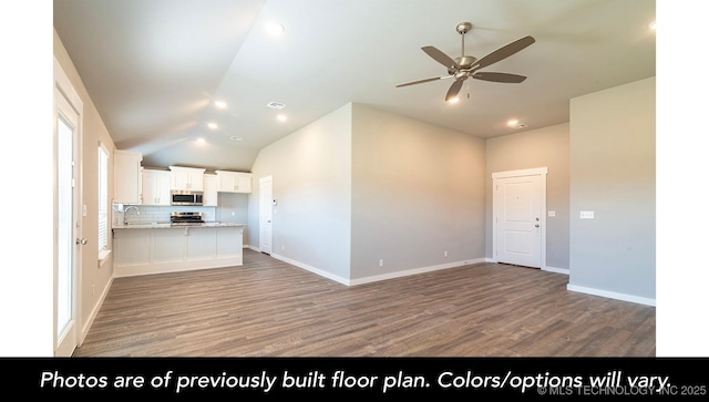 1441 E 149th Pl S, Glenpool, OK 74033 - unfurnished living room with light wood-style floors, ceiling fan, lofted ceiling, and recessed lighting