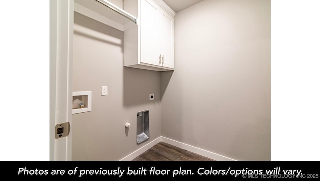 1441 E 149th Pl S, Glenpool, OK 74033 - laundry area featuring washer hookup, dark wood finished floors, cabinet space, electric dryer hookup, and gas dryer hookup