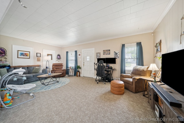 805 W Gentry St, Henryetta, OK 74437 - carpeted living area featuring ornamental molding and an office area