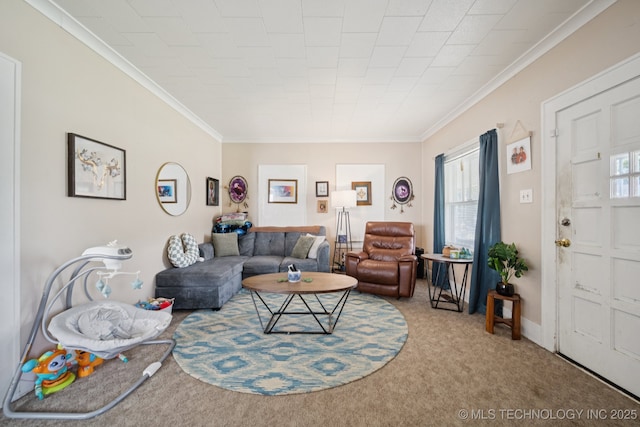 805 W Gentry St, Henryetta, OK 74437 - carpeted living area with ornamental molding