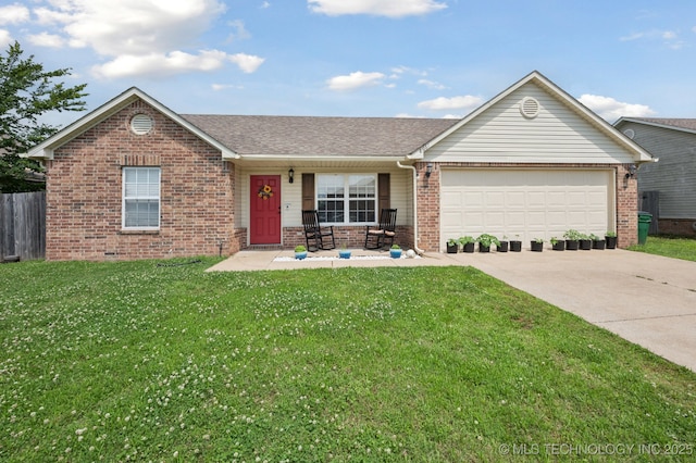 8661 S 264th E Ave, Broken Arrow, OK 74014 - ranch-style house featuring brick siding, concrete driveway, a garage, a shingled roof, and covered porch
