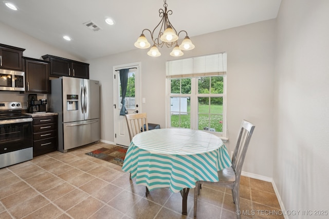 8661 S 264th E Ave, Broken Arrow, OK 74014 - dining room with light tile patterned floors, a chandelier, recessed lighting, and lofted ceiling