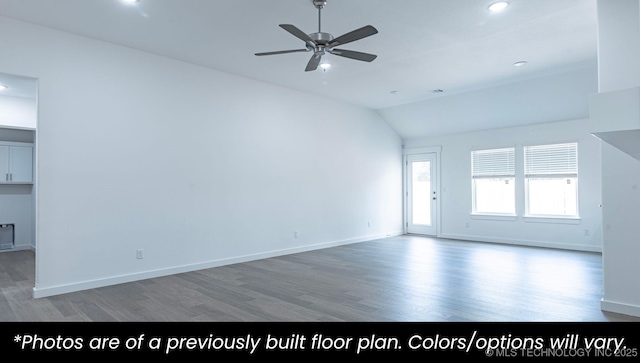 219 S 25th St, Collinsville, OK 74021 - unfurnished living room featuring wood finished floors, lofted ceiling, ceiling fan, and recessed lighting