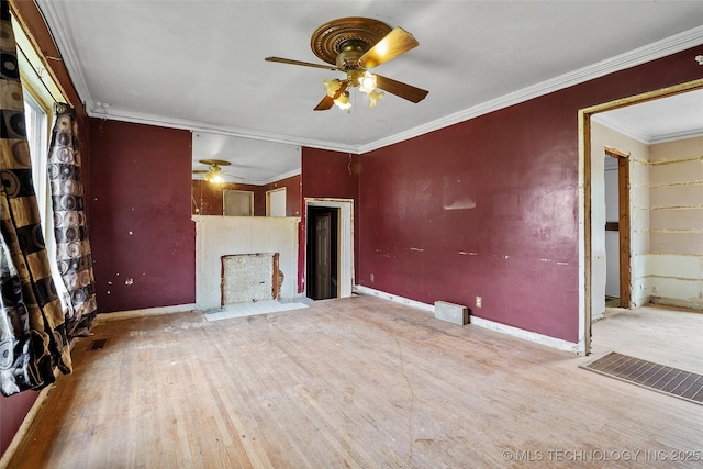 917 N Knoxville Ave, Tulsa, OK 74115 - unfurnished living room featuring a ceiling fan, wood finished floors, a fireplace, and crown molding