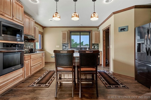 13514 N 97th E Ave, Collinsville, OK 74021 - kitchen with wall oven, fridge with ice dispenser, stainless steel microwave, ornamental molding, and tasteful backsplash