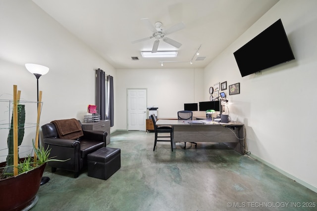 4127 New Prue Rd, Sand Springs, OK 74063 - home office with finished concrete flooring, rail lighting, and ceiling fan