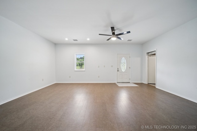 4127 New Prue Rd, Sand Springs, OK 74063 - unfurnished living room featuring a ceiling fan, plenty of natural light, recessed lighting, and dark wood-type flooring