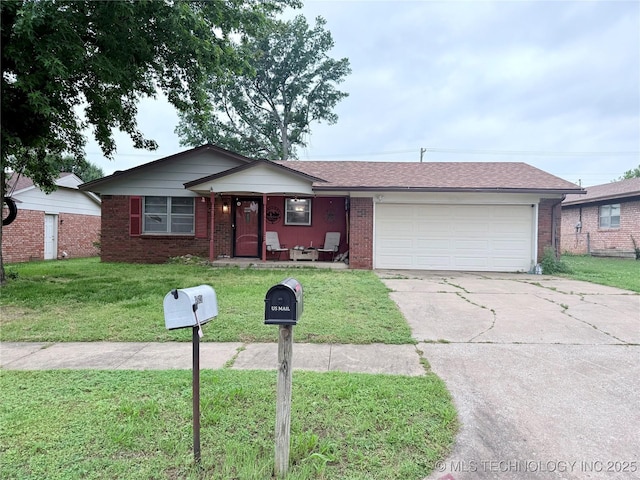4822 S Bermuda Ave, Sand Springs, OK 74063 - ranch-style home with concrete driveway, a garage, a porch, brick siding, and a front lawn