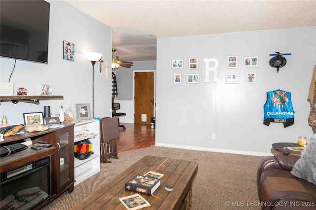 4822 S Bermuda Ave, Sand Springs, OK 74063 - carpeted living room featuring ceiling fan and a textured ceiling