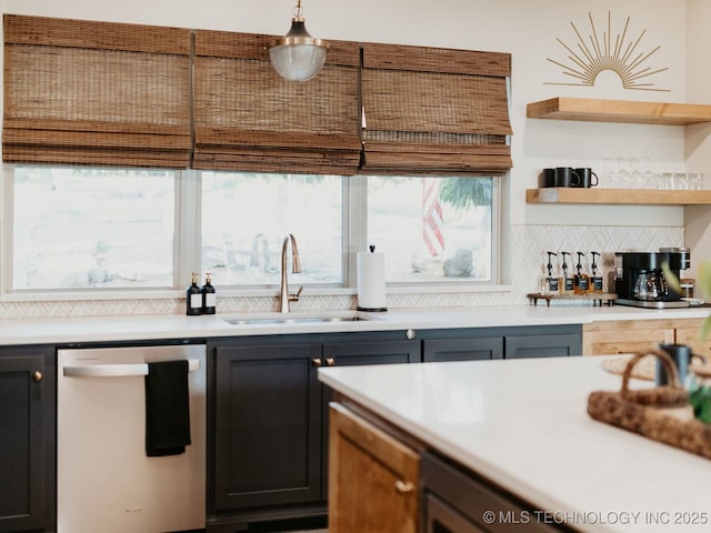 118900 S 4213, Eufaula, OK 74432 - kitchen with dishwasher, tasteful backsplash, light countertops, open shelves, and pendant lighting