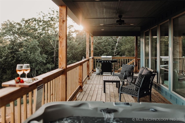 118900 S 4213, Eufaula, OK 74432 - wooden terrace with ceiling fan and area for grilling