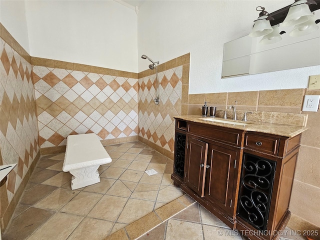 38032 State Road 78 W, Durant, OK 74701 - full bathroom featuring tile walls, vanity, a tile shower, and wainscoting