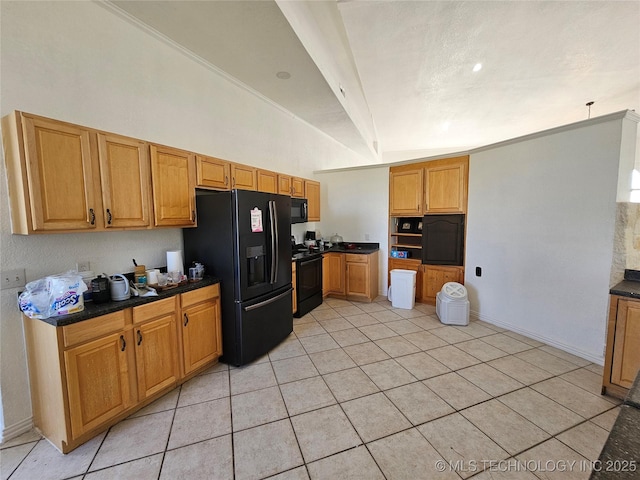 38032 State Road 78 W, Durant, OK 74701 - kitchen with black appliances, dark countertops, light tile patterned flooring, brown cabinets, and high vaulted ceiling