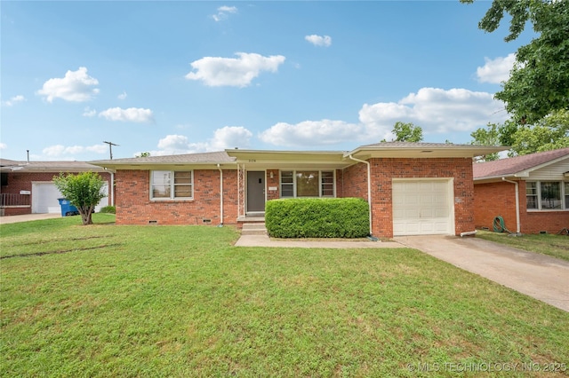 2178 S 76th E Ave, Tulsa, OK 74129 - ranch-style house with a garage, driveway, brick siding, a front lawn, and crawl space