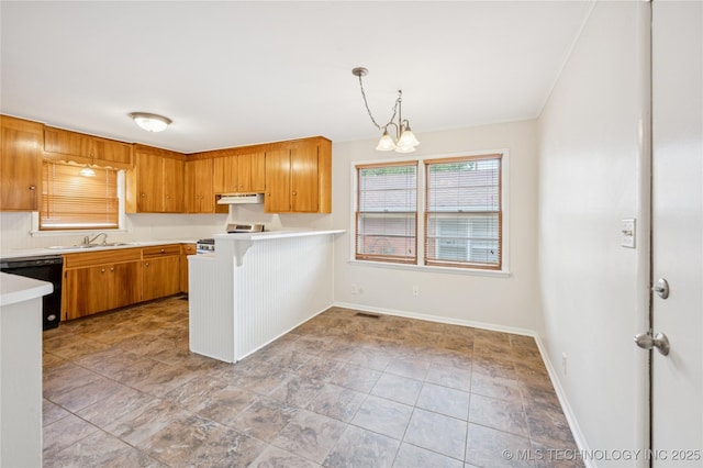 2178 S 76th E Ave, Tulsa, OK 74129 - kitchen featuring dishwasher, stainless steel range oven, light countertops, under cabinet range hood, and a chandelier