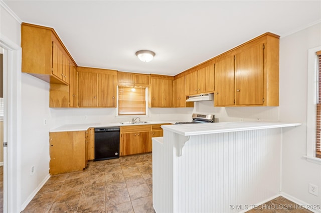 2178 S 76th E Ave, Tulsa, OK 74129 - kitchen featuring dishwasher, under cabinet range hood, stainless steel range oven, a peninsula, and light countertops