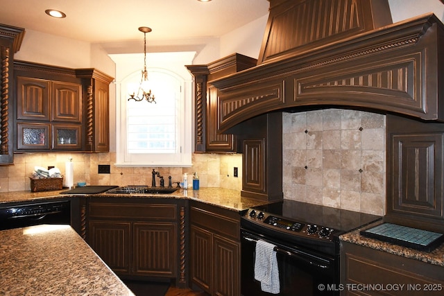 2463 S Park Hl, Tahlequah, OK 74464 - kitchen featuring black appliances, tasteful backsplash, a chandelier, and premium range hood