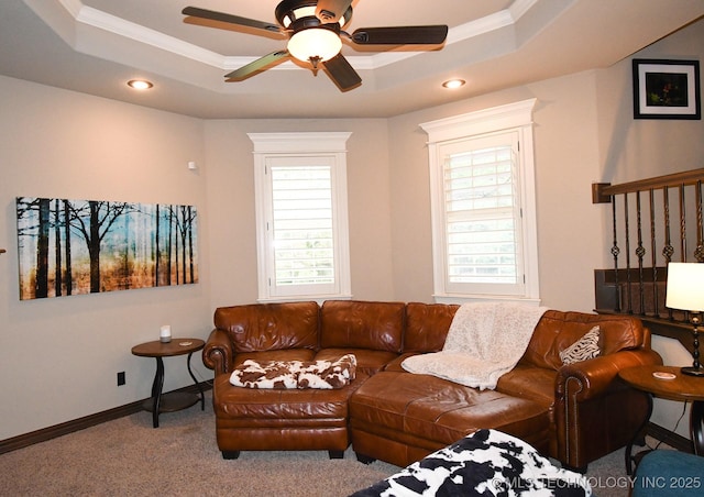 2463 S Park Hl, Tahlequah, OK 74464 - living area with a raised ceiling, a ceiling fan, carpet, ornamental molding, and recessed lighting