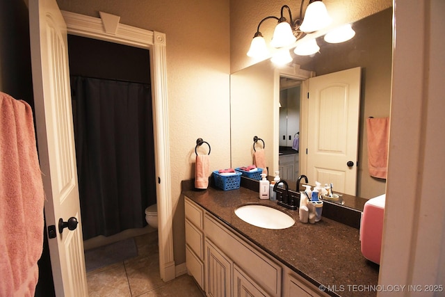 2463 S Park Hl, Tahlequah, OK 74464 - full bathroom with vanity, a chandelier, tile patterned flooring, and a shower with curtain