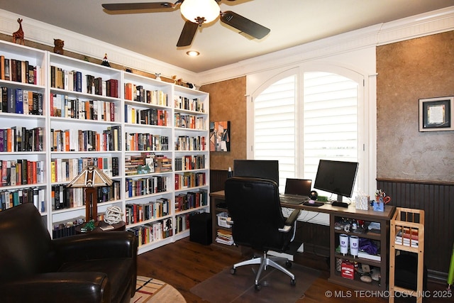 2463 S Park Hl, Tahlequah, OK 74464 - home office with ceiling fan, wood finished floors, bookshelves, ornamental molding, and wainscoting