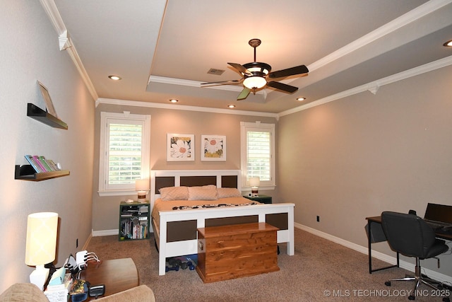 2463 S Park Hl, Tahlequah, OK 74464 - bedroom with multiple windows, a tray ceiling, crown molding, carpet flooring, and recessed lighting