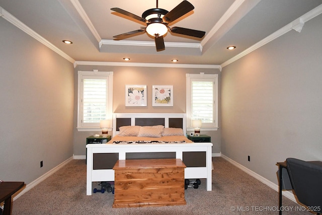2463 S Park Hl, Tahlequah, OK 74464 - carpeted bedroom with a tray ceiling, crown molding, and recessed lighting