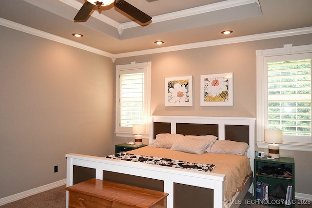 2463 S Park Hl, Tahlequah, OK 74464 - carpeted bedroom with a tray ceiling, crown molding, recessed lighting, and a ceiling fan