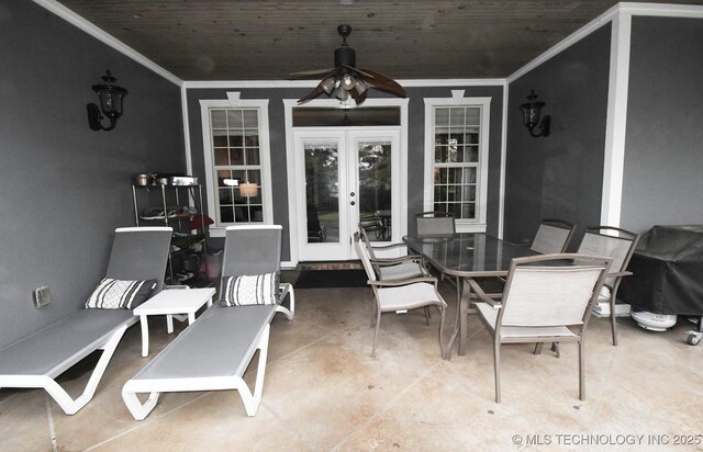 2463 S Park Hl, Tahlequah, OK 74464 - view of patio / terrace with french doors, a ceiling fan, a grill, and outdoor dining area