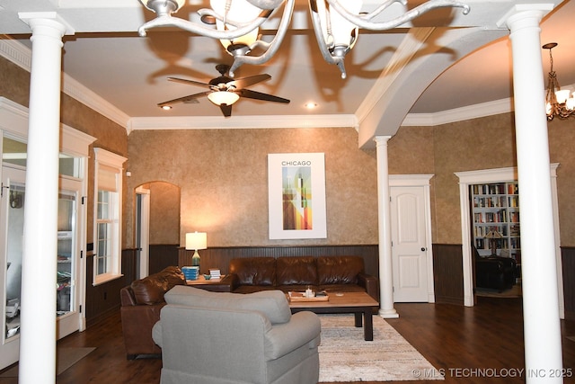 2463 S Park Hl, Tahlequah, OK 74464 - living area with wood finished floors, wainscoting, ornate columns, ornamental molding, and ceiling fan