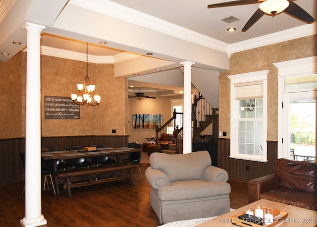 2463 S Park Hl, Tahlequah, OK 74464 - living area with a ceiling fan, wood finished floors, decorative columns, a wainscoted wall, and crown molding