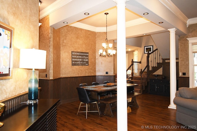 2463 S Park Hl, Tahlequah, OK 74464 - dining space with decorative columns, wainscoting, wood finished floors, ornamental molding, and stairs
