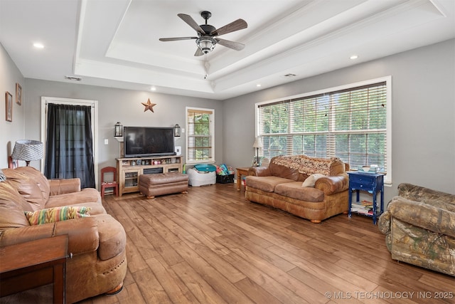 30103 S 4210th Rd, Inola, OK 74036 - living area with a tray ceiling, a ceiling fan, light wood-style flooring, and recessed lighting