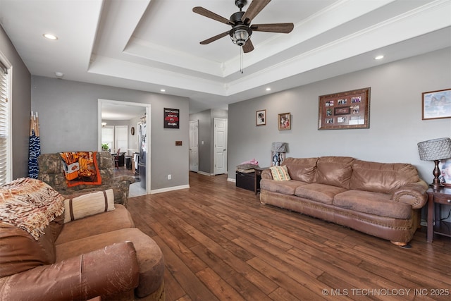 30103 S 4210th Rd, Inola, OK 74036 - living room with hardwood / wood-style flooring, ceiling fan, a raised ceiling, and recessed lighting