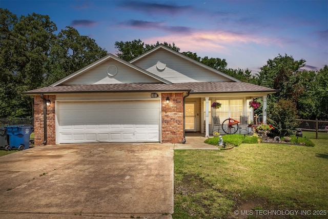 30103 S 4210th Rd, Inola, OK 74036 - view of front of property with covered porch, brick siding, concrete driveway, a garage, and a shingled roof